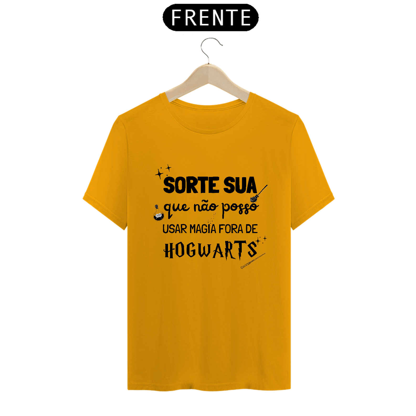 Camiseta "Sorte Que Não Posso Usar Magia Fora de Hogwarts"