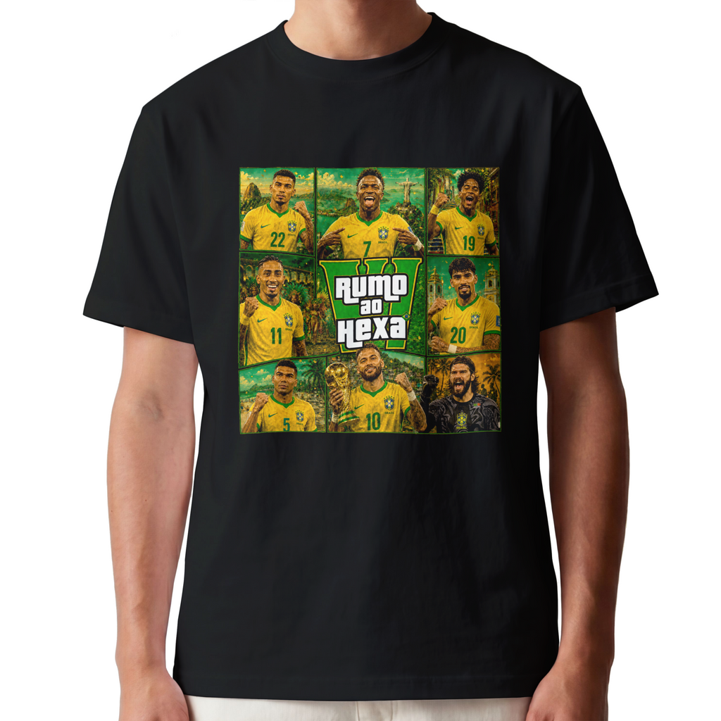 Camiseta Brasil Rumo ao Hexa – Coleção Inspiração GTA | Armário Nerd