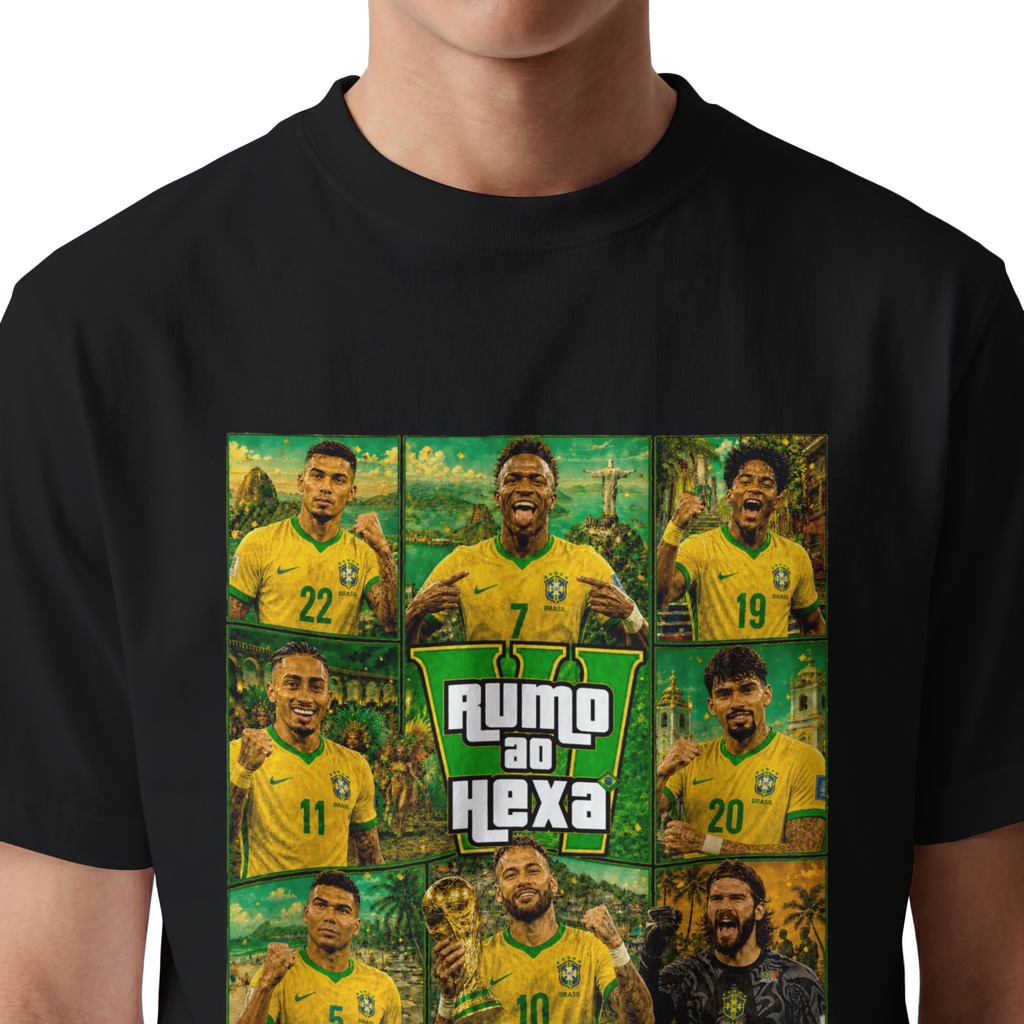 Camiseta Brasil Rumo ao Hexa – Coleção Inspiração GTA | Armário Nerd
